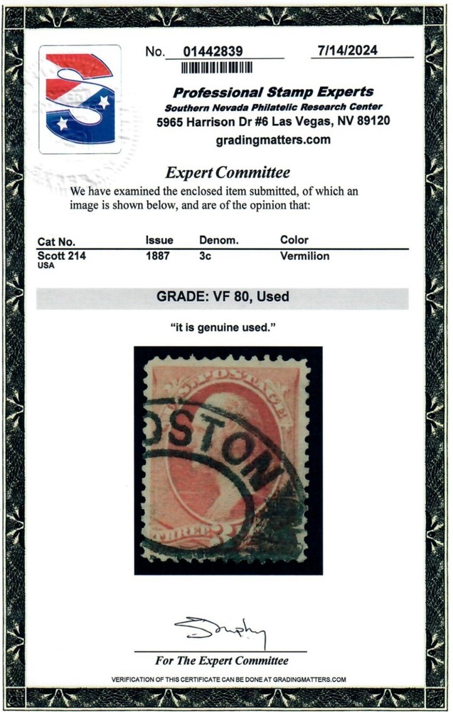 Scott 214 Used Premium Example PSE Graded VF 80