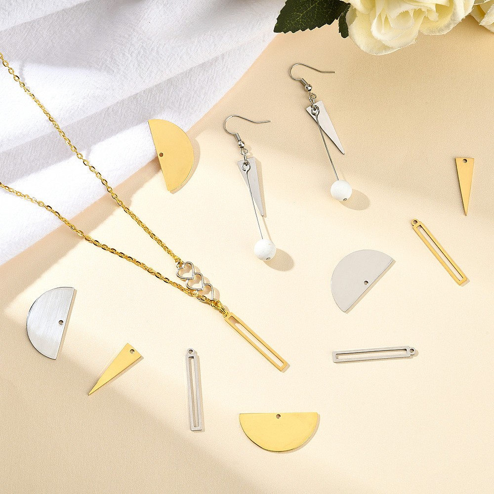 1box 12pcs Rectangle Triangle Stainless Steel Pendants Half Flat Round