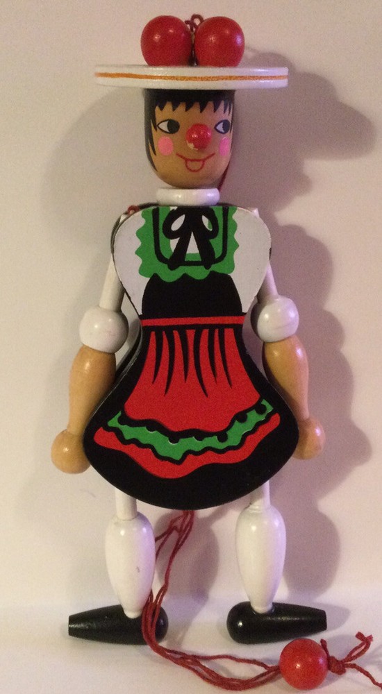 Vtg. E. Pfaff Wooden Pull String Puppet Black Forest Girl approx. 7.25"
