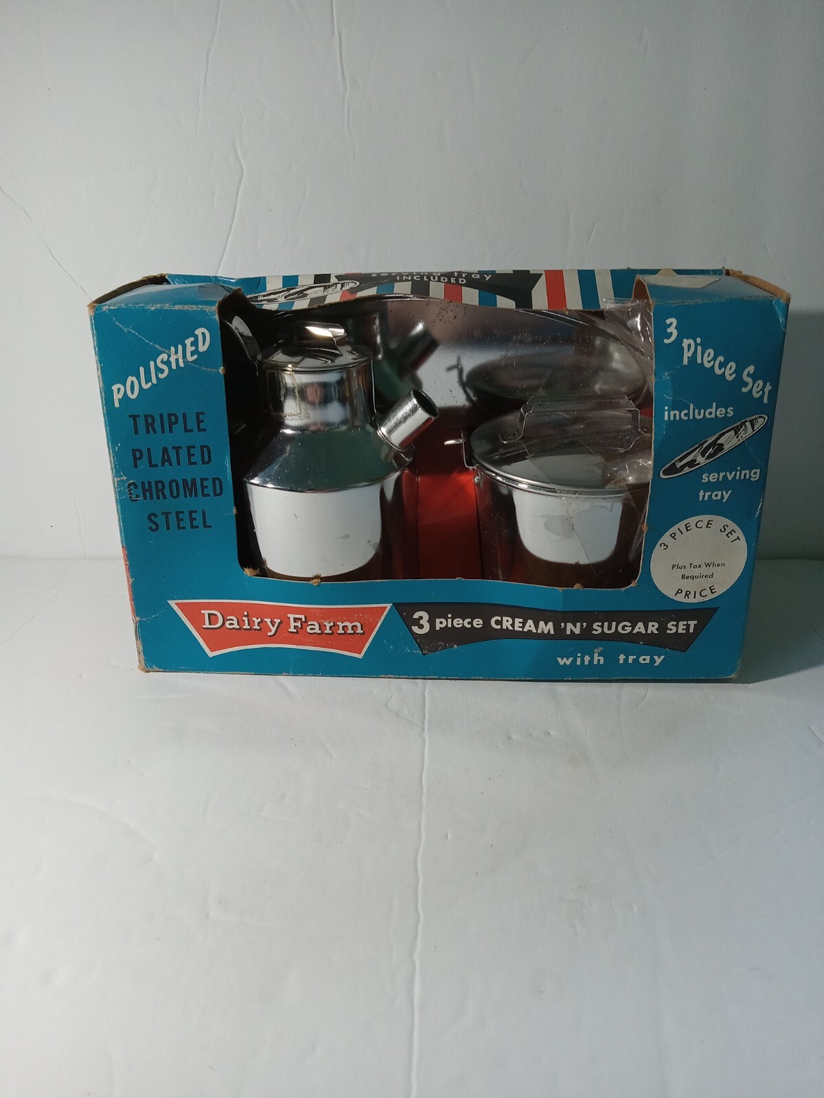 Vtg, Dairy Farmhouse Cream Sugar Set NOS Original Packaging Plated Chromed Steel