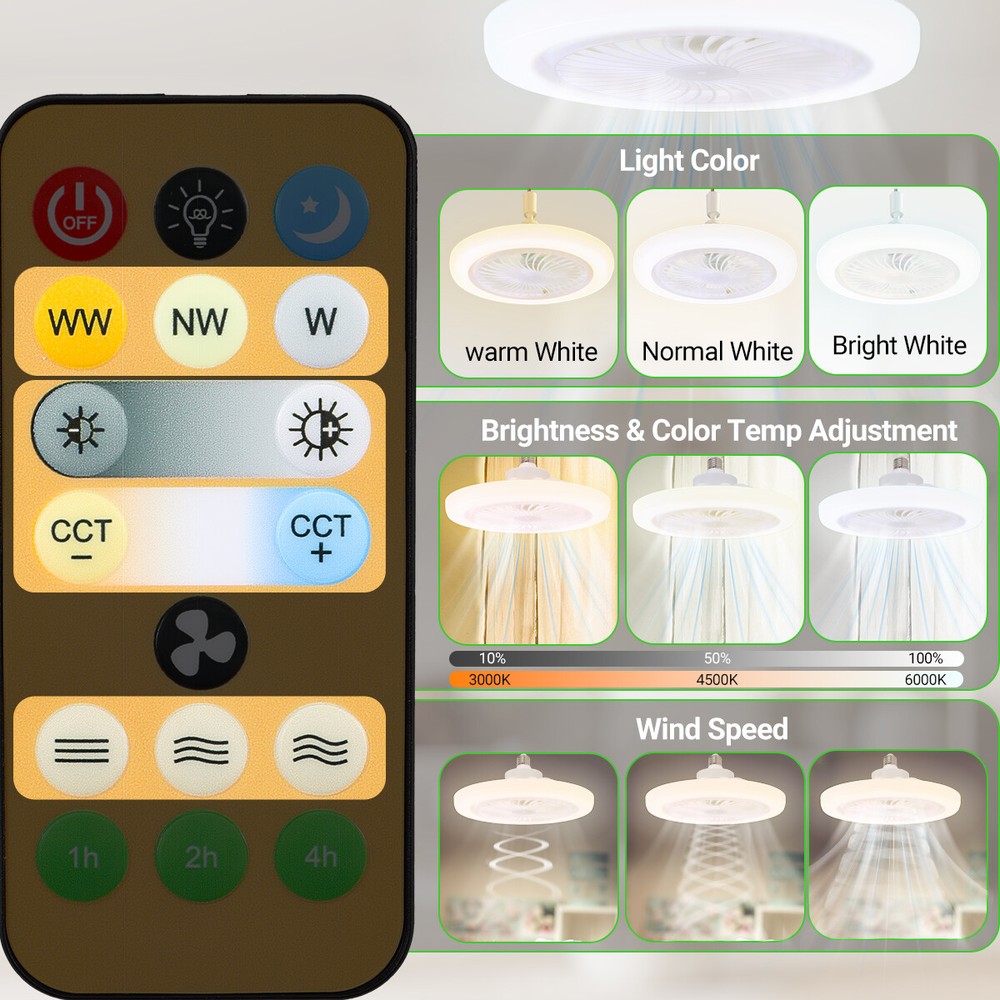 Fan For E27 Socket Light With Remote, Ceiling Fan Adjustable Smart LED Fan