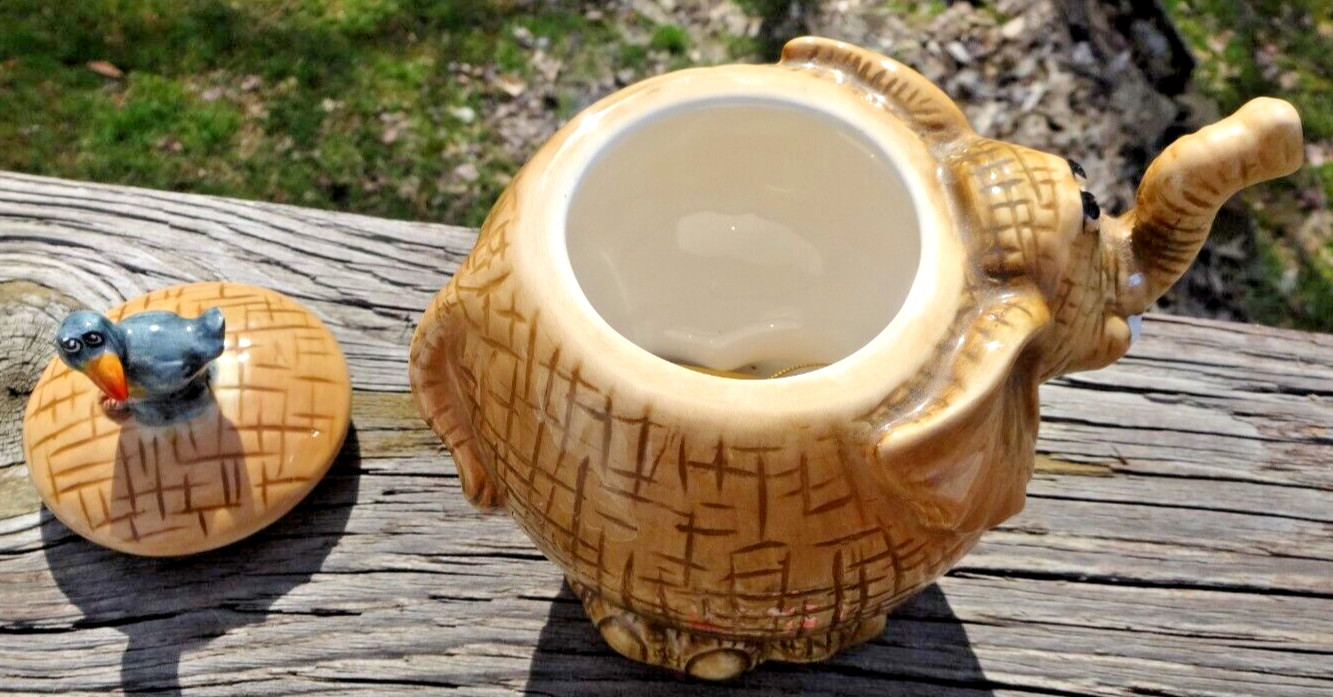 Ceramic 6" x 5.5" Lucky Trunk Up Elephant Jar w/ Bird on Lid by Home and Garden
