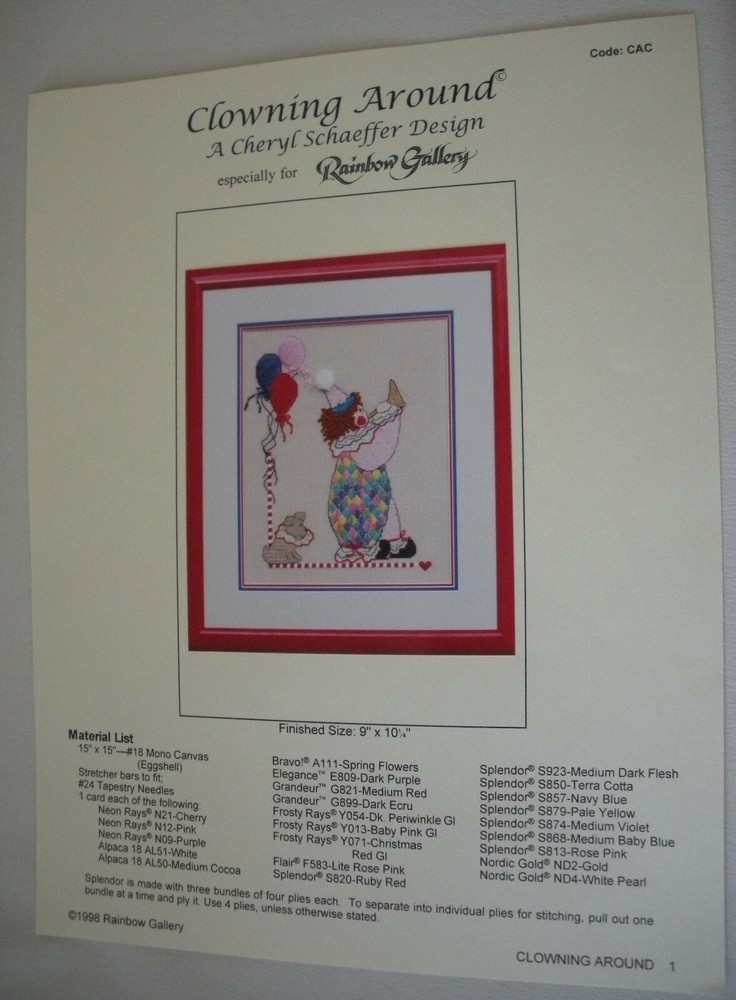 Needlepoint Pattern Clown Around Children's Cheryl Schaeffer CAC 1998
