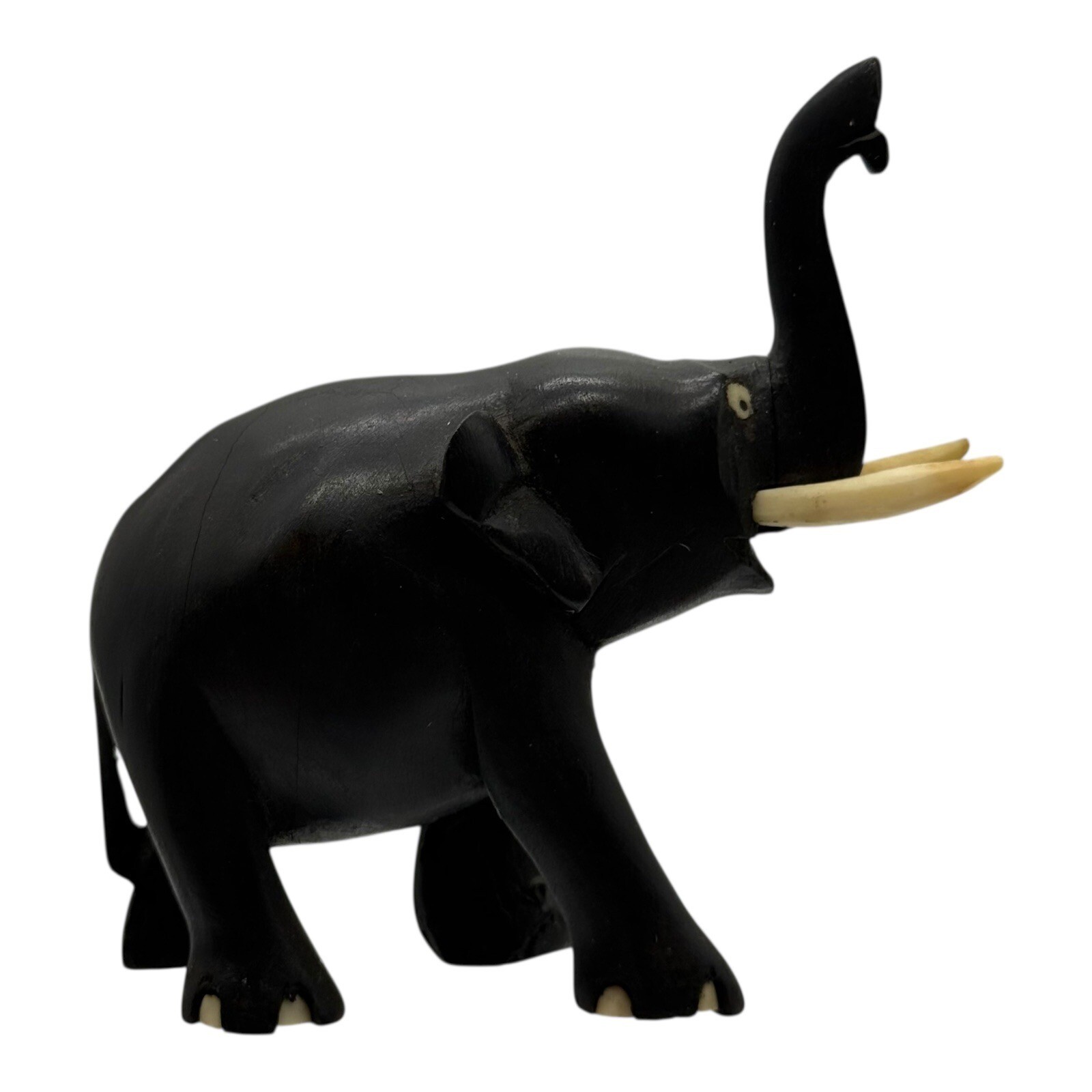 Elephant Figurine Wood Carved Trunk Up Good Luck Home Decor Vintage Statue