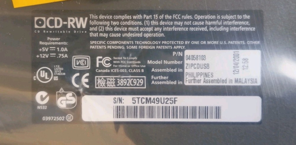 IOMEGA ZIPCD USB ZIP CD 650 DRIVE