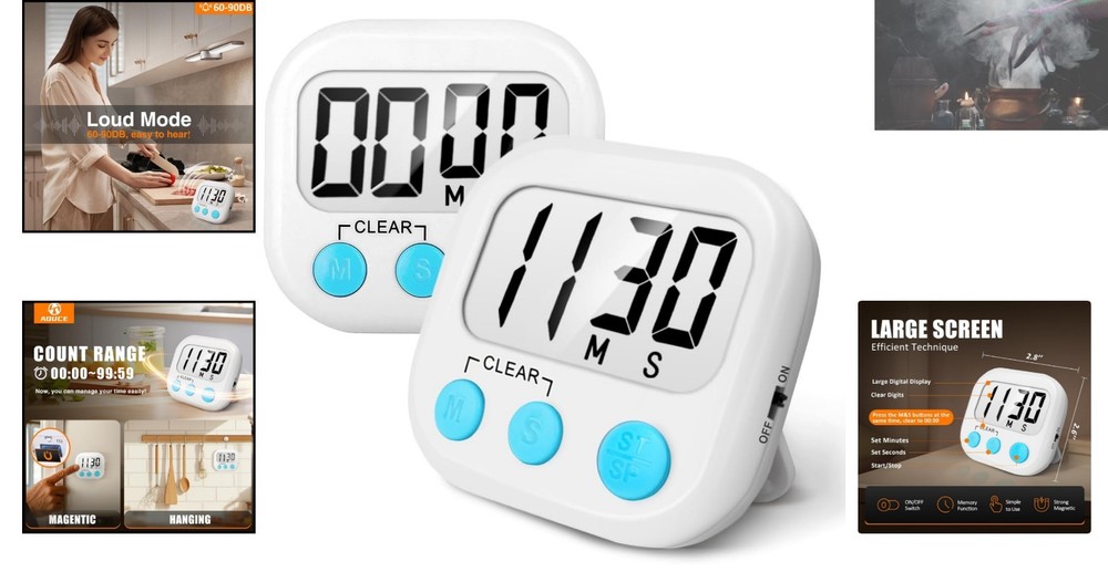 Efficient 2 Pack Cooking Timer with Large Display & Loud Notification - White
