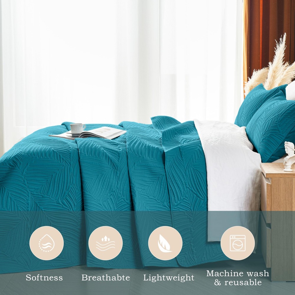 OARAGE Queen Quilt Bedding Set Soft Lightweight Teal Bedspread with Leaf Pattern