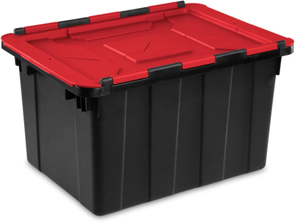 6 Pack Stackable 12 Gal Totes with Hinged Lids - Black/Red Storage Bins