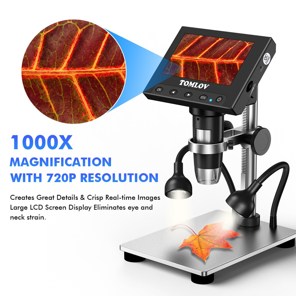 TOMLOV 4.3" Digital Microscope 200x-1000X Error Coin Magnifier w/ Lights PC View