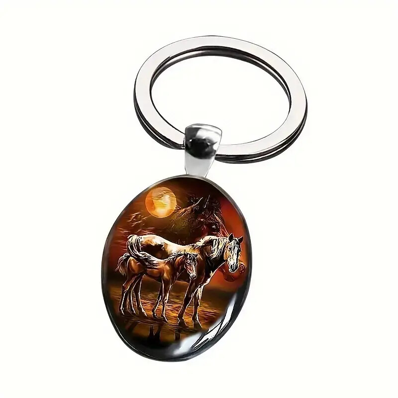 Cool Horse Pattern Oval Cabochon Pendant Keychain