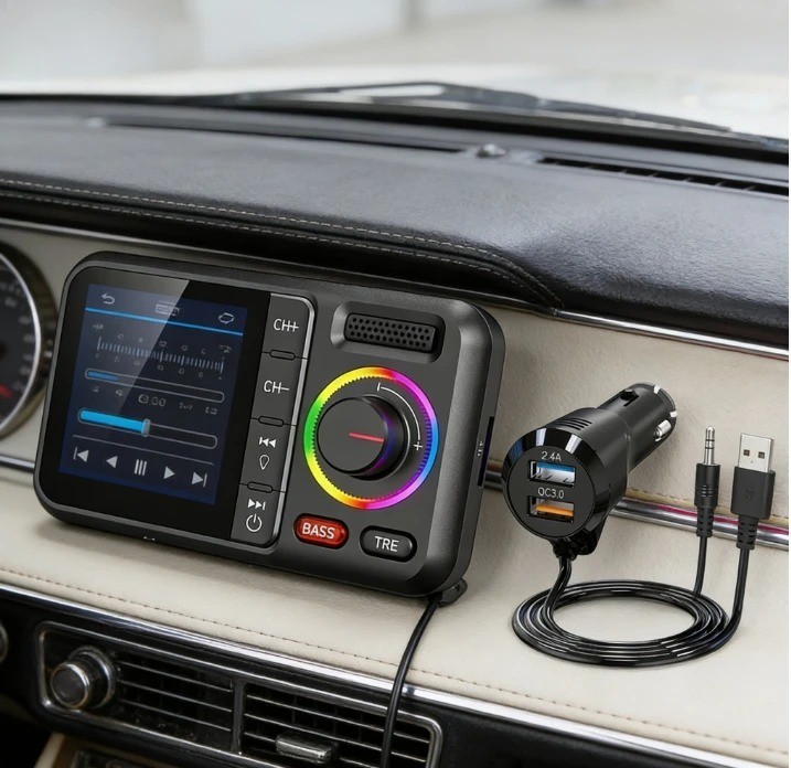 Wireless FM Transmitter with Big Color Screen 2.4A QC3.0 Dual USB Fast Charging