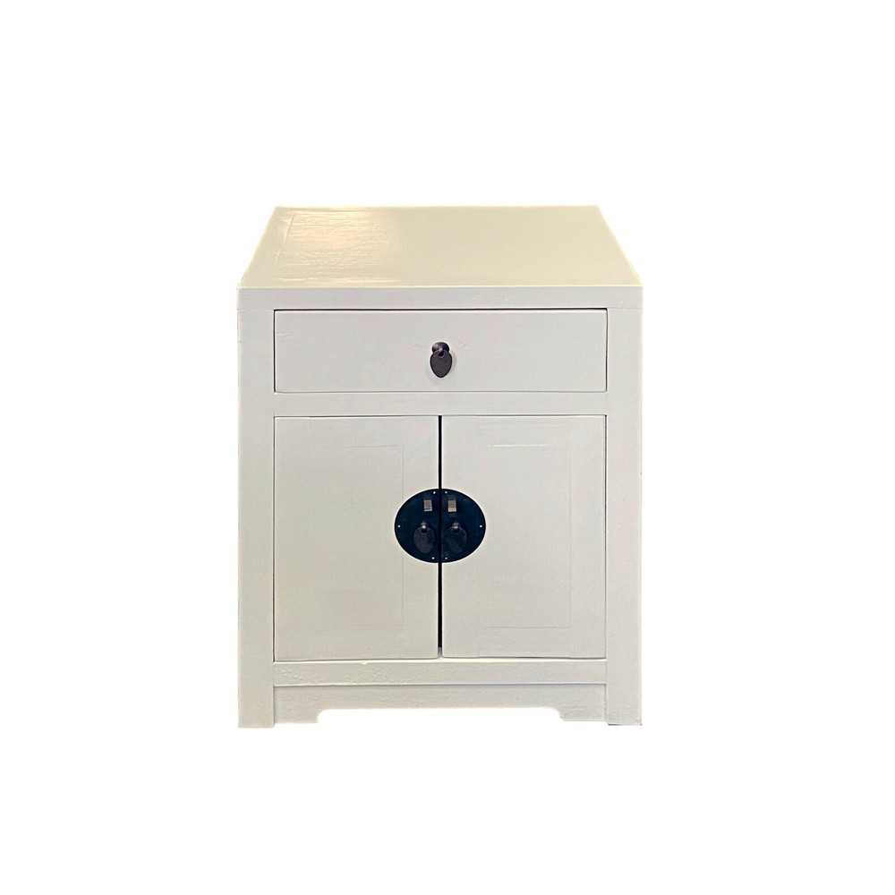 Distressed White Lacquer MoonFace End Table Nightstand Cabinet cs7039