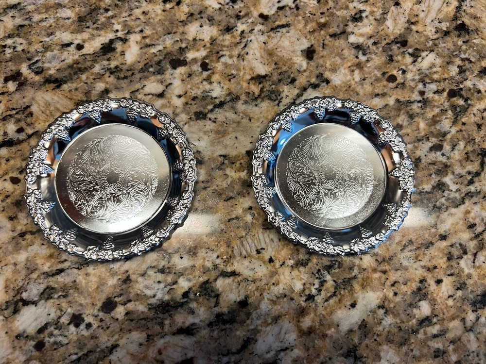Silver Plated Coasters Set with Grapevine Decorative Border