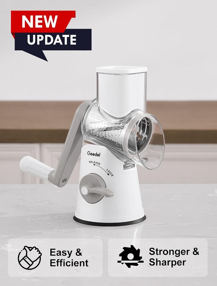 Rotating cheese grater with 5 interchangeable blades—