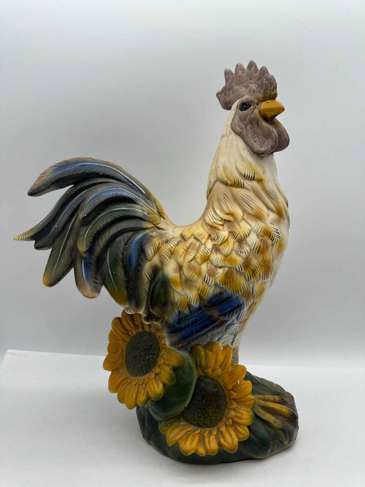 Large Ceramic Rooster Figurine Statue with Sunflowers French Country Decor 16.5"