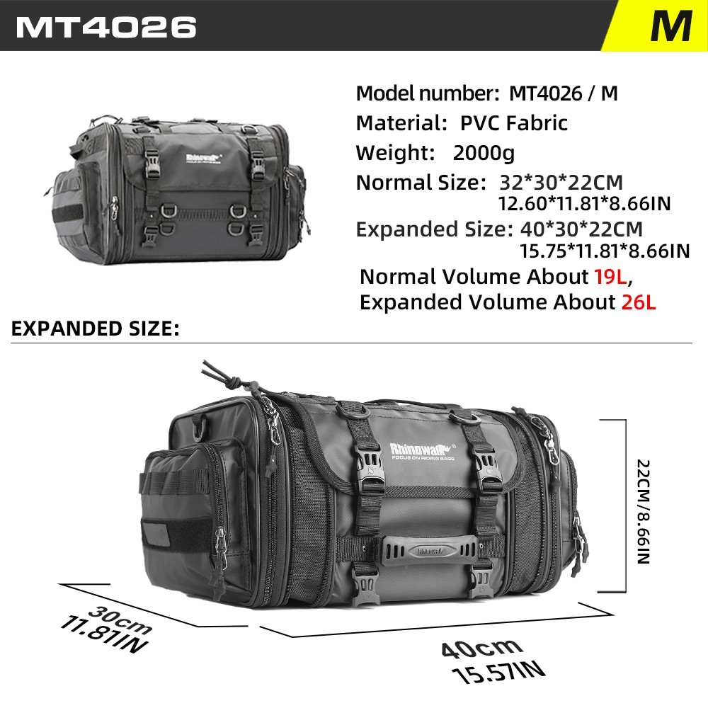Rhinowalk Motorcycle Travel Luggage Bag Waterproof 19L-60L Motor Tail Bag Black