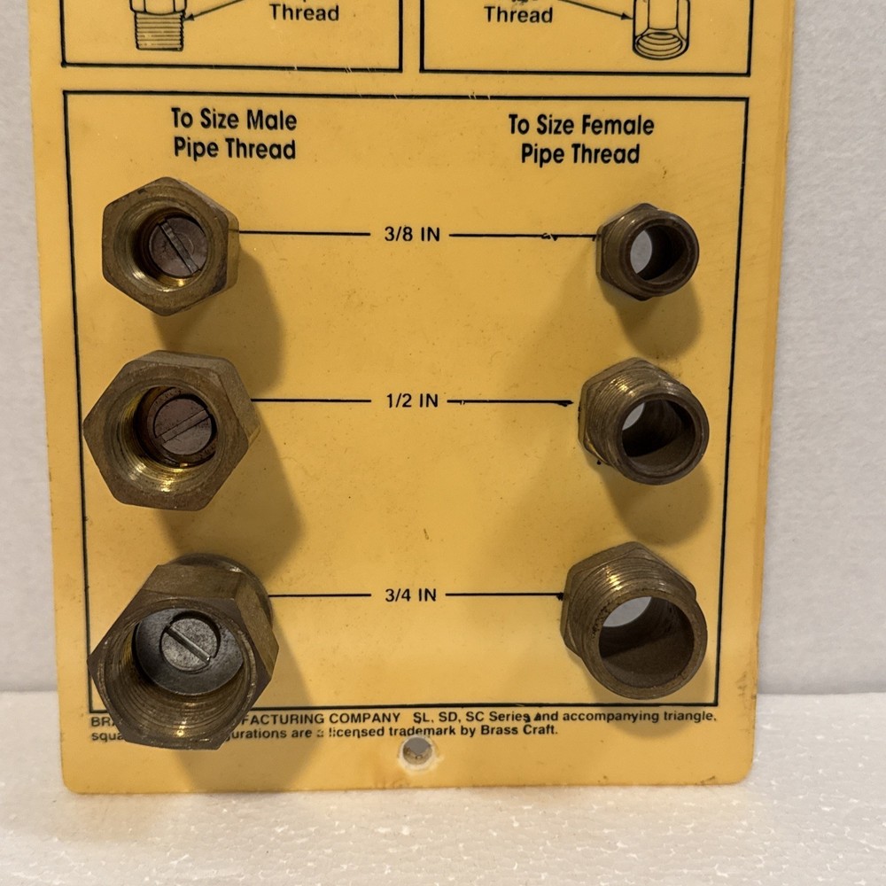 Brass Craft Gas Connector Sizing Guide Tool Board display Size Thread samples