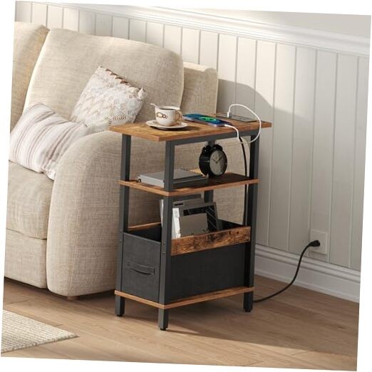 Narrow Side Table with Charging Station, Slim End Table with Rustic Brown