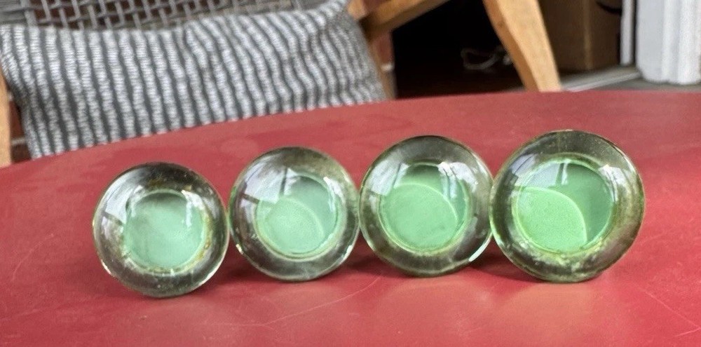 4 VINTAGE LIME GREEN And Clear GLASS DRAWER PULLS KNOBS
