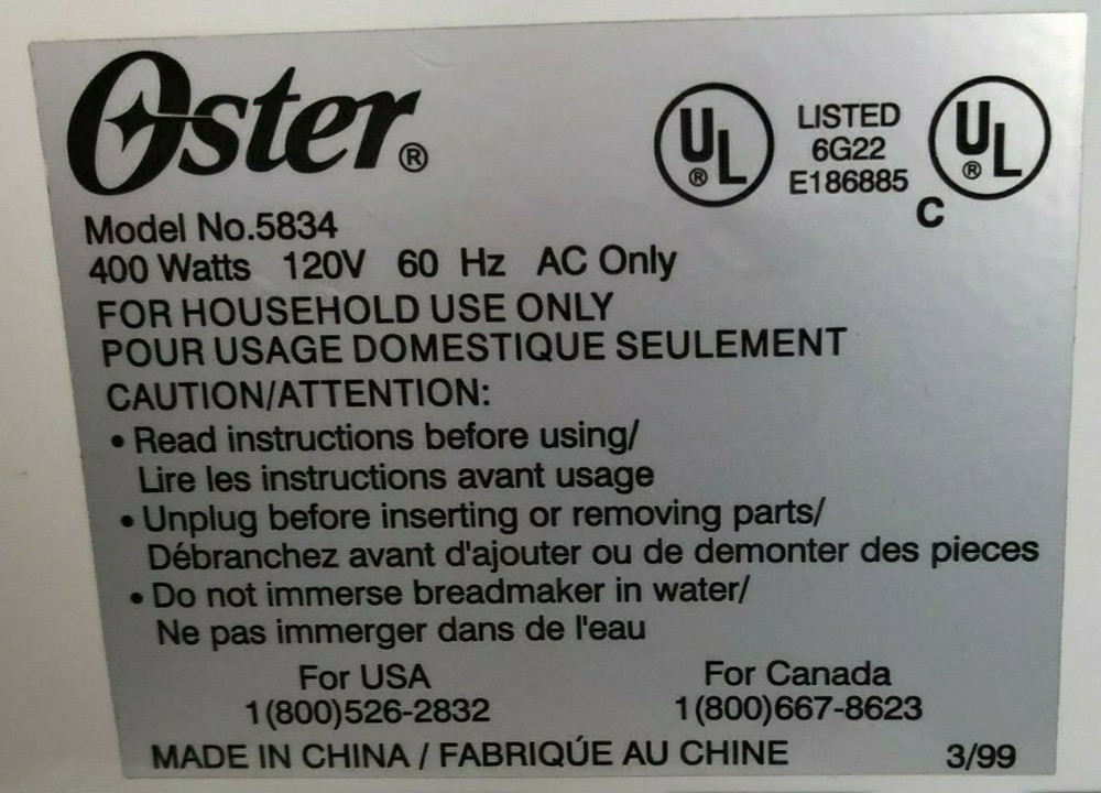 Transformer for Sunbeam Oster Bread Maker Model 5833 5834