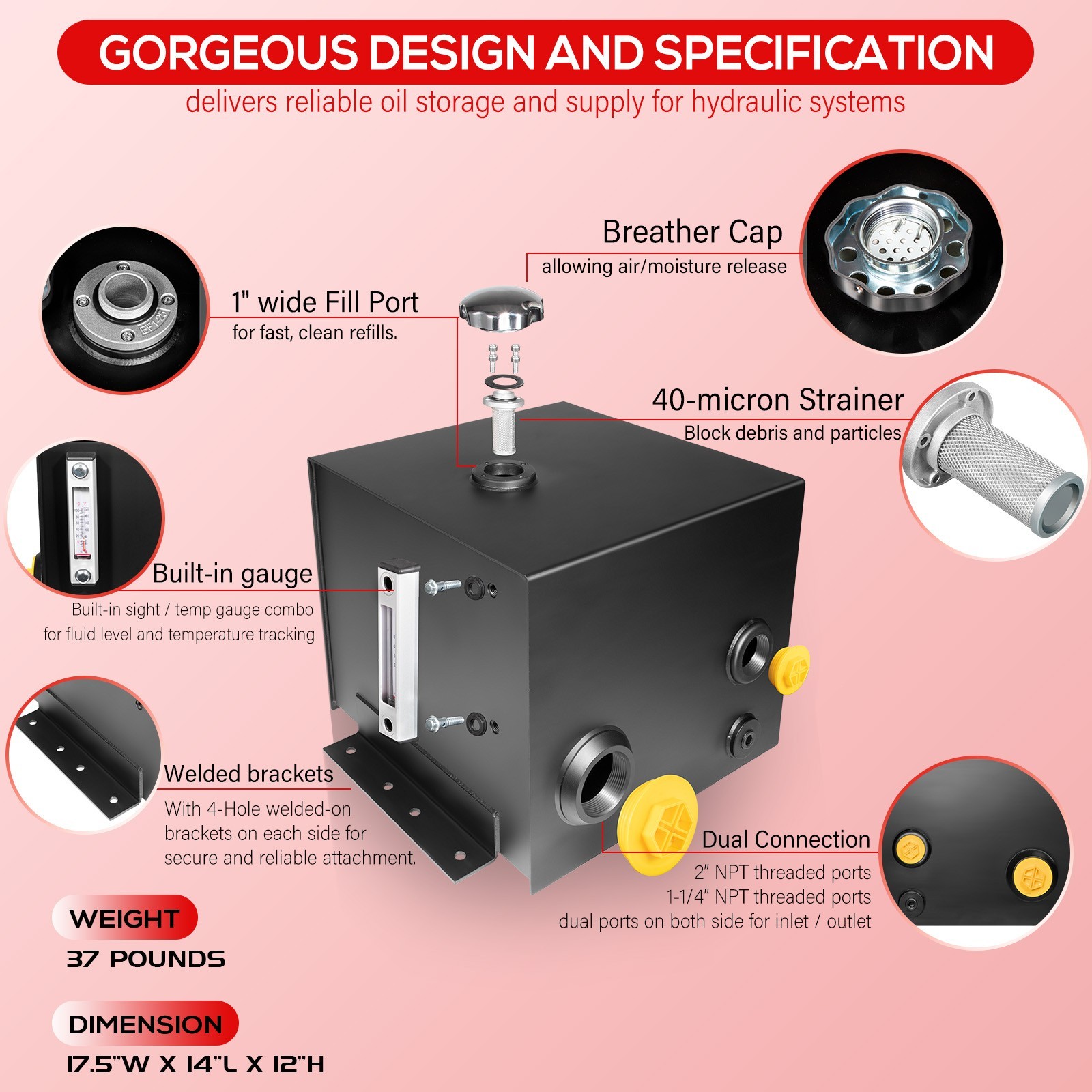 7-Gallon Hydraulic Fluid Reservoir Tank w/Temp Gauge, Sight-Gauge & Breather
