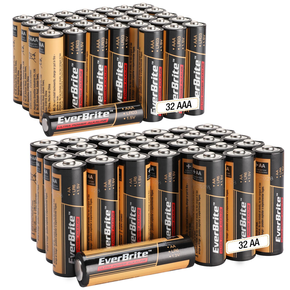 EverBrite 64PCS Alkaline Battery Pack 32PACK AAA/32PACK AA Alkaline Battery PACK