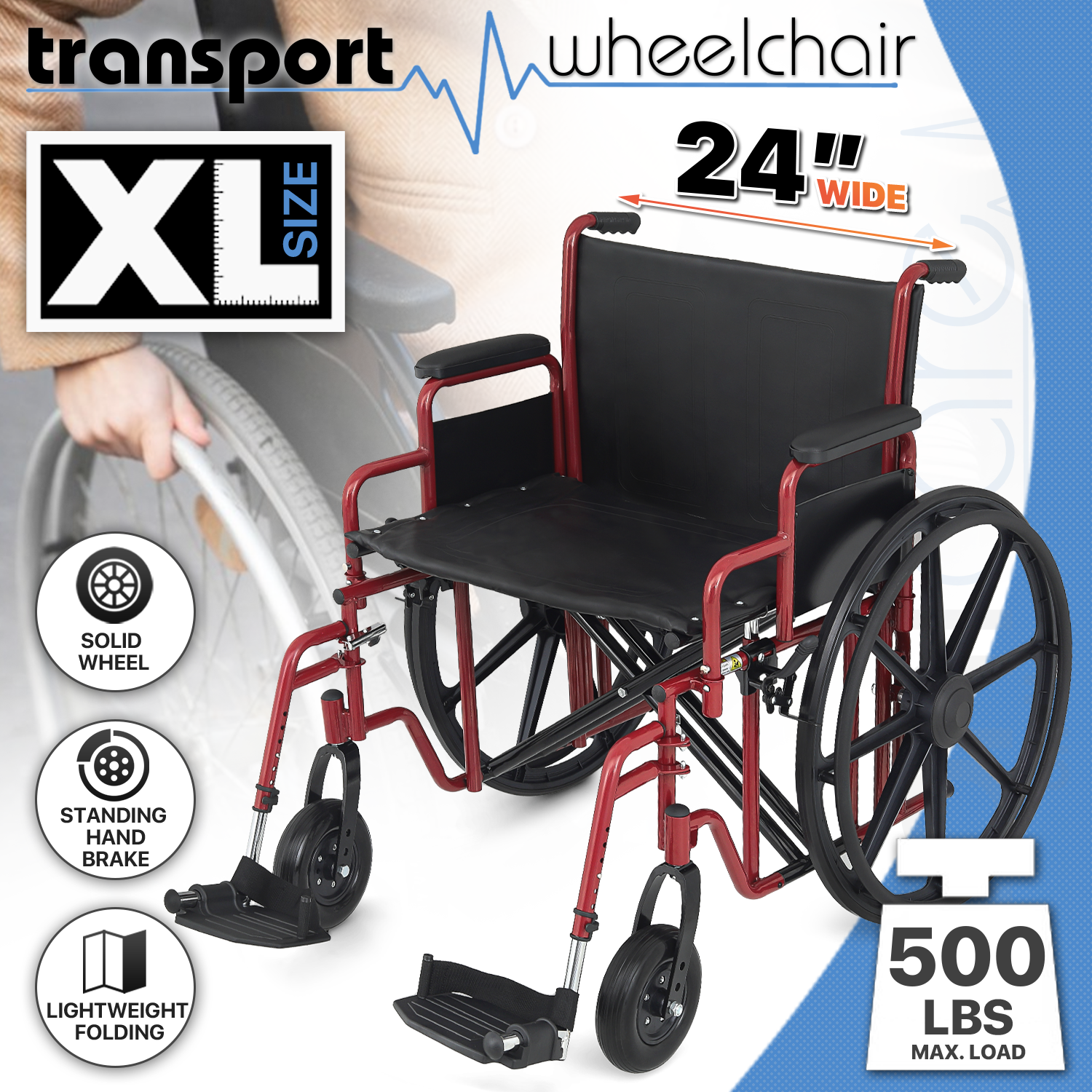 [FDA APPROVED]Foldable Manual Medical Economy Wheelchair w/Adjustable Foot Rest