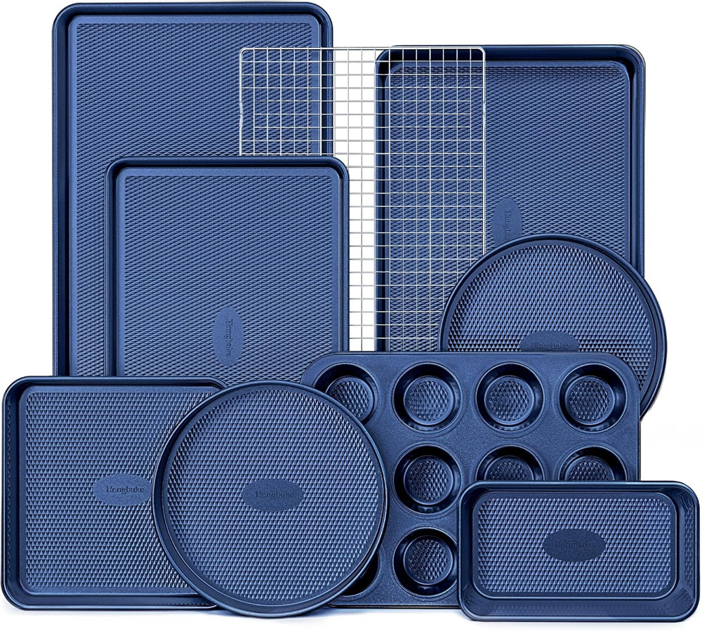 9 Piece Baking Pans Set Nonstick Stackable Non Toxic Bakeware Set Sapphire Blue