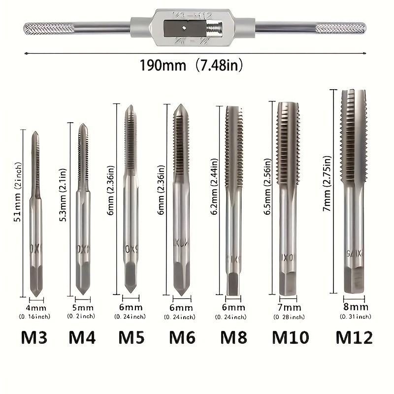 Alloy Steel Tap Set with Wrench - M3-M12 for Thread Tapping