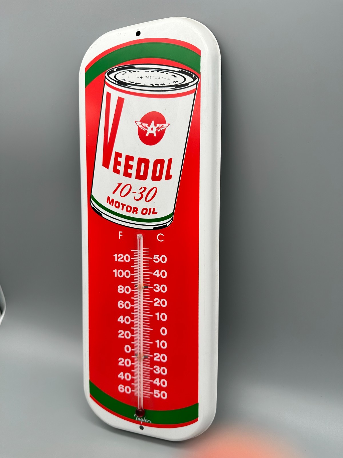 Tin Veedol 10-30 Motor Oil Garage Thermometer by Taylor 6" x 16"!