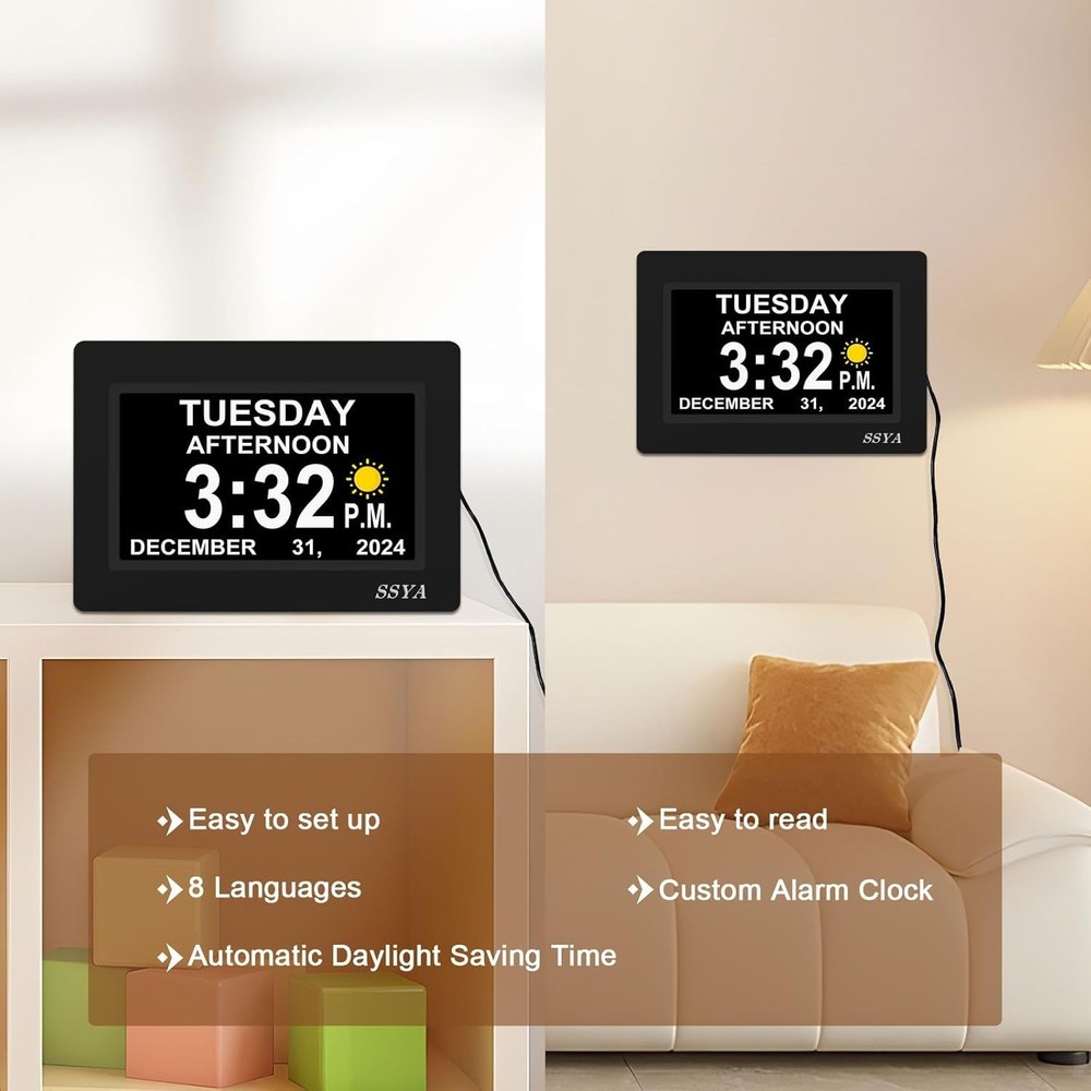 Large Display Calendar Clock - 7 Inch, Auto Dimmable, Black