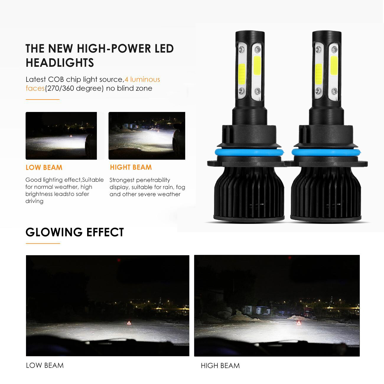 4 Sides HB1 9004 LED Headlight Bulbs Dual Beam 3600000LM 6000K Super Bright Kit