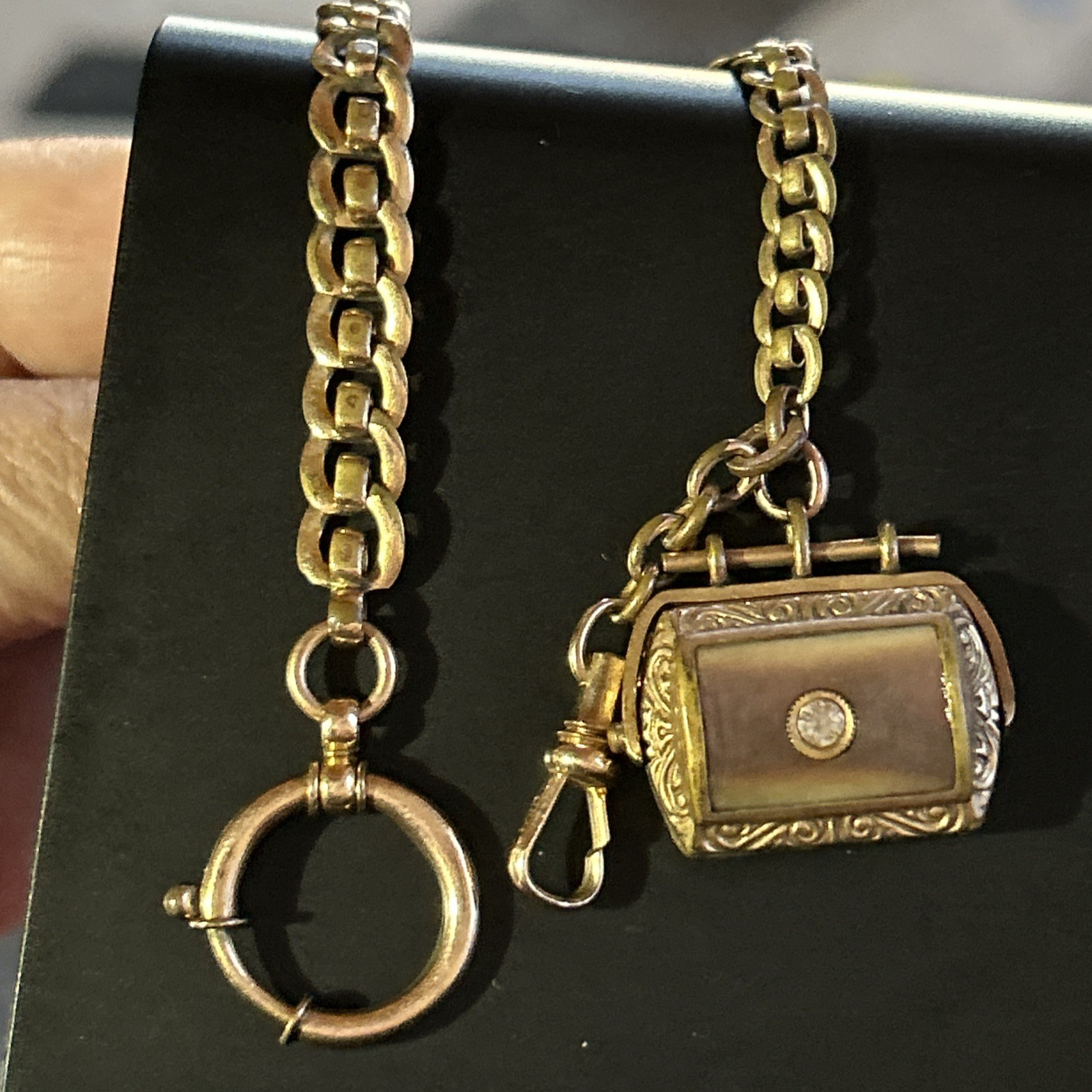 Vintage CHARNIER 1/10 Watch Chain Rose GF Abalone Carnelian Spinner GF Fob 11”