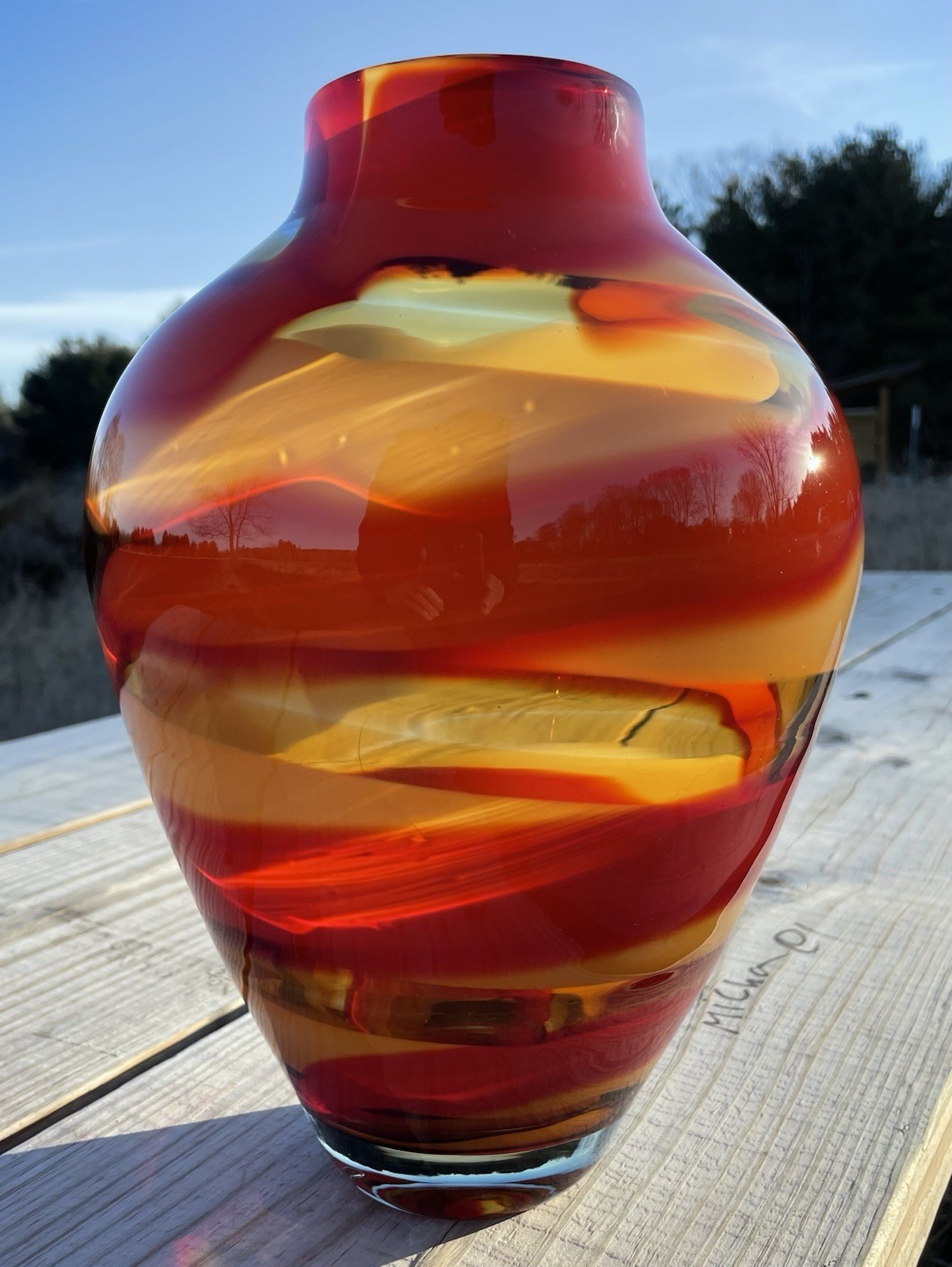 Waterford Evolution “Red Sea” Crystal Amphora Art Glass Vase, swirl design