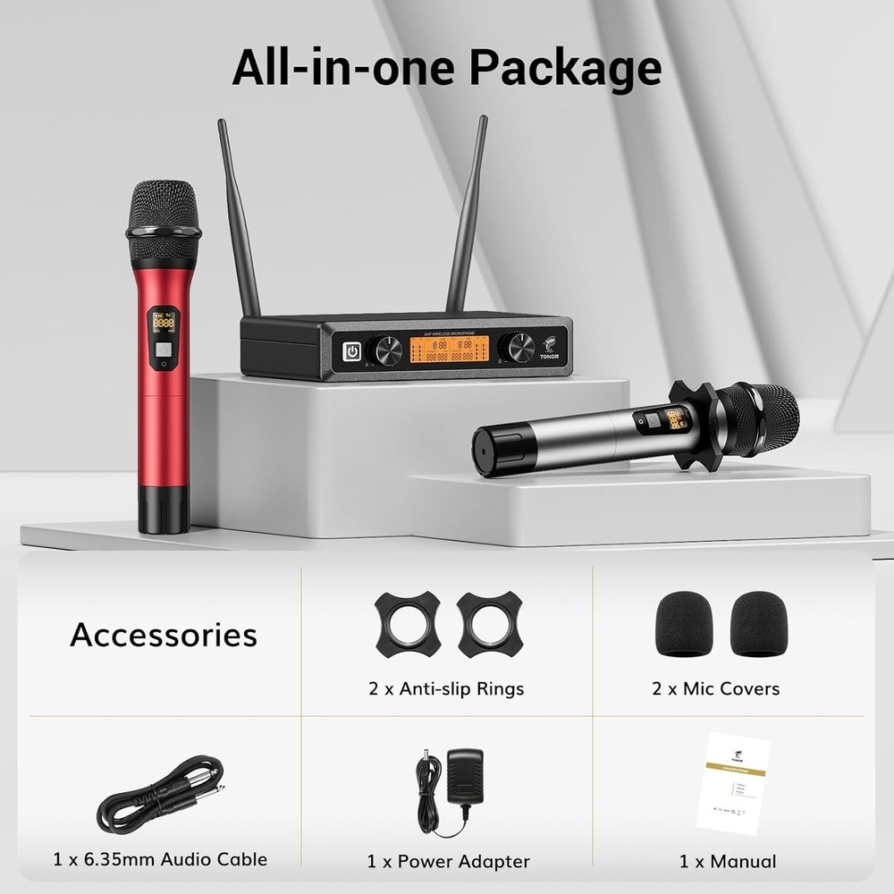 TONOR TW820 Wireless Microphone System - 2 Mics - 200ft Range - Red