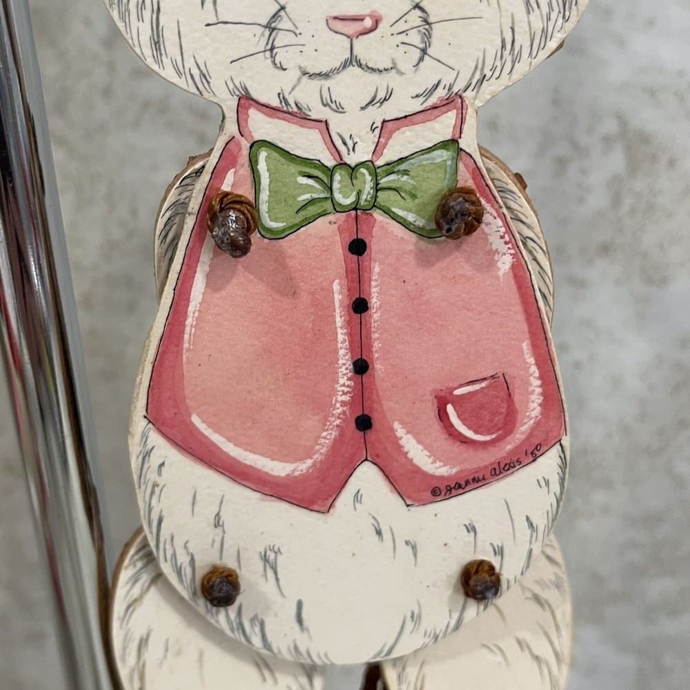 Vintage Paper Mounted on Wood Easter Rabbit Pull-String Toy Jumping Puppet 9” H