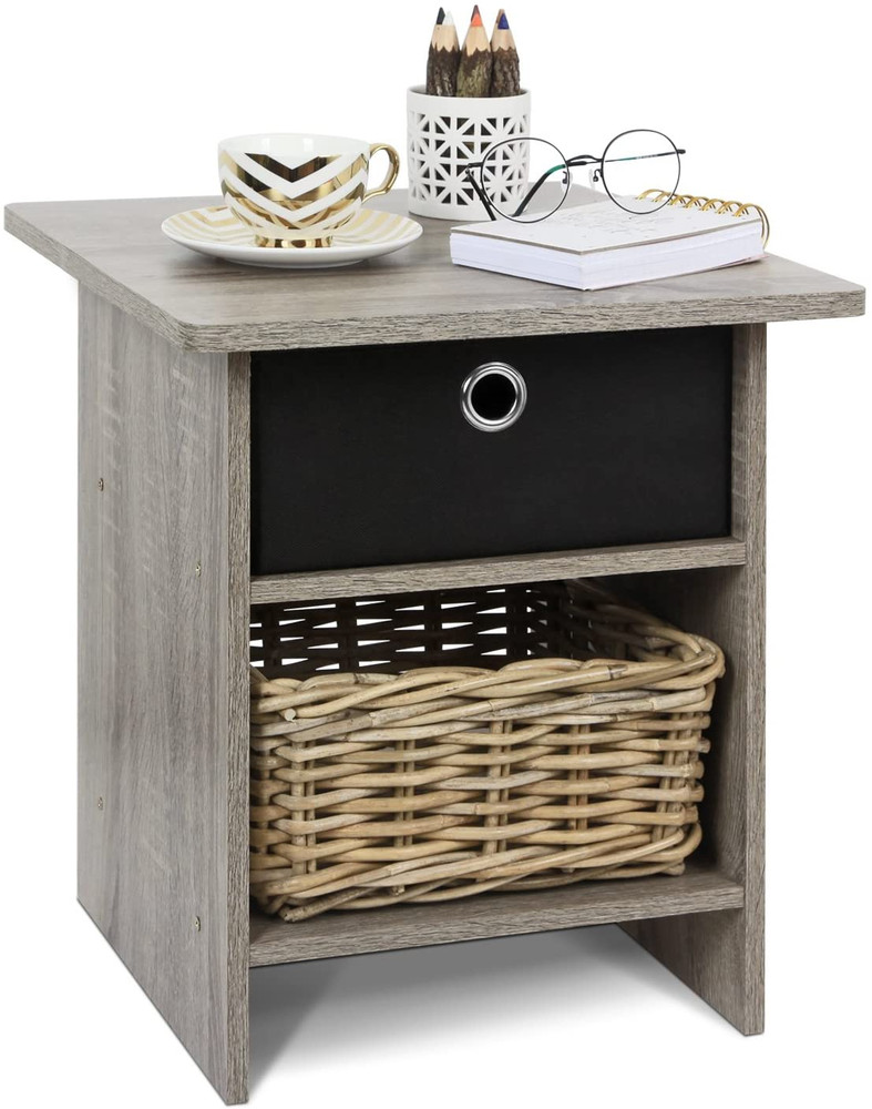 End Table / Side Table / Night Stand with Bin Drawer, Oak Grey/Black