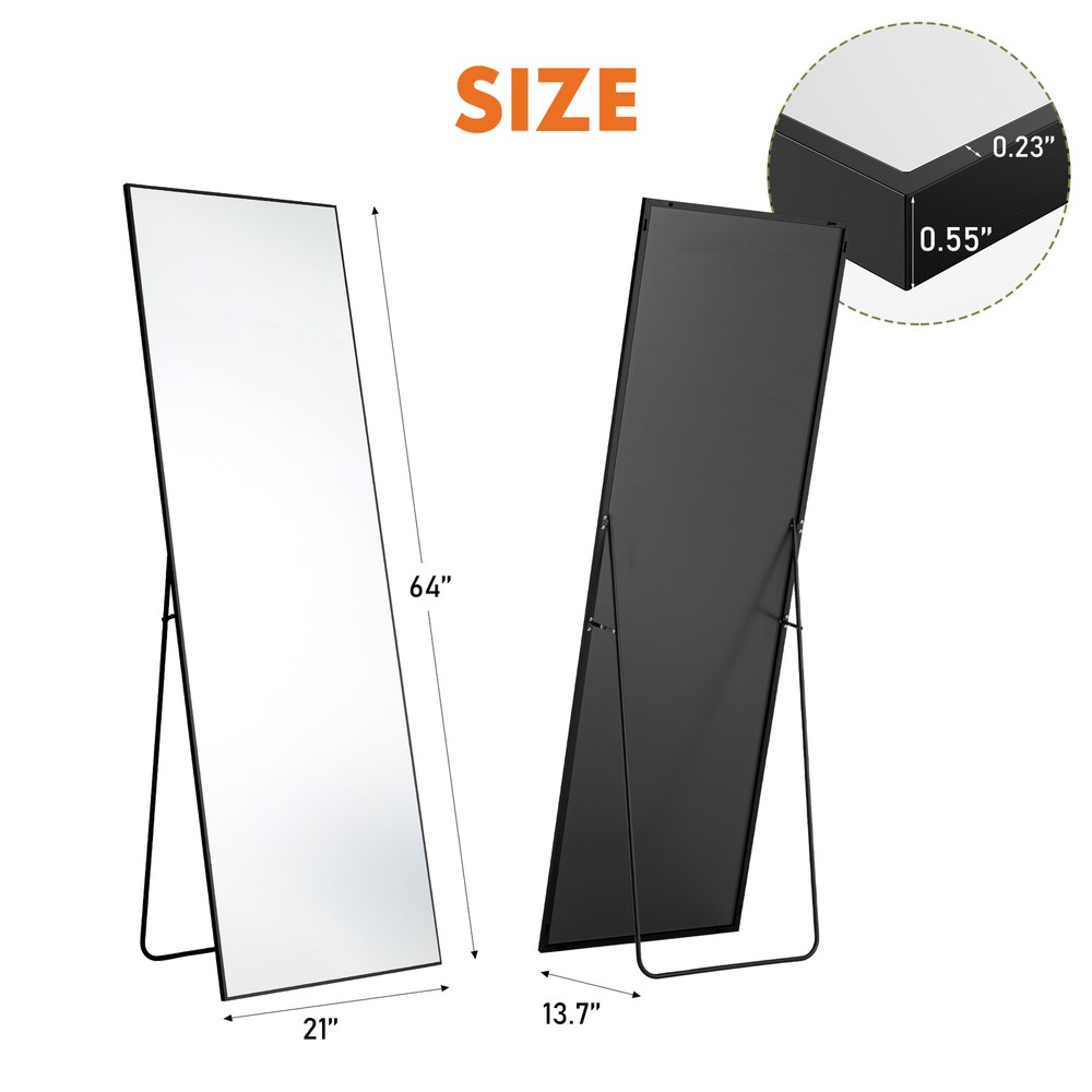 Rectangle Full Length Mirror Sturdy Thin Frame 3 Mount Types (Stand/Hang/Lean)