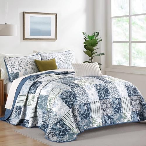 Patchwork Pattern Quilt Set Size Plaid Reversible Bedspread Coverlet Queen Blue
