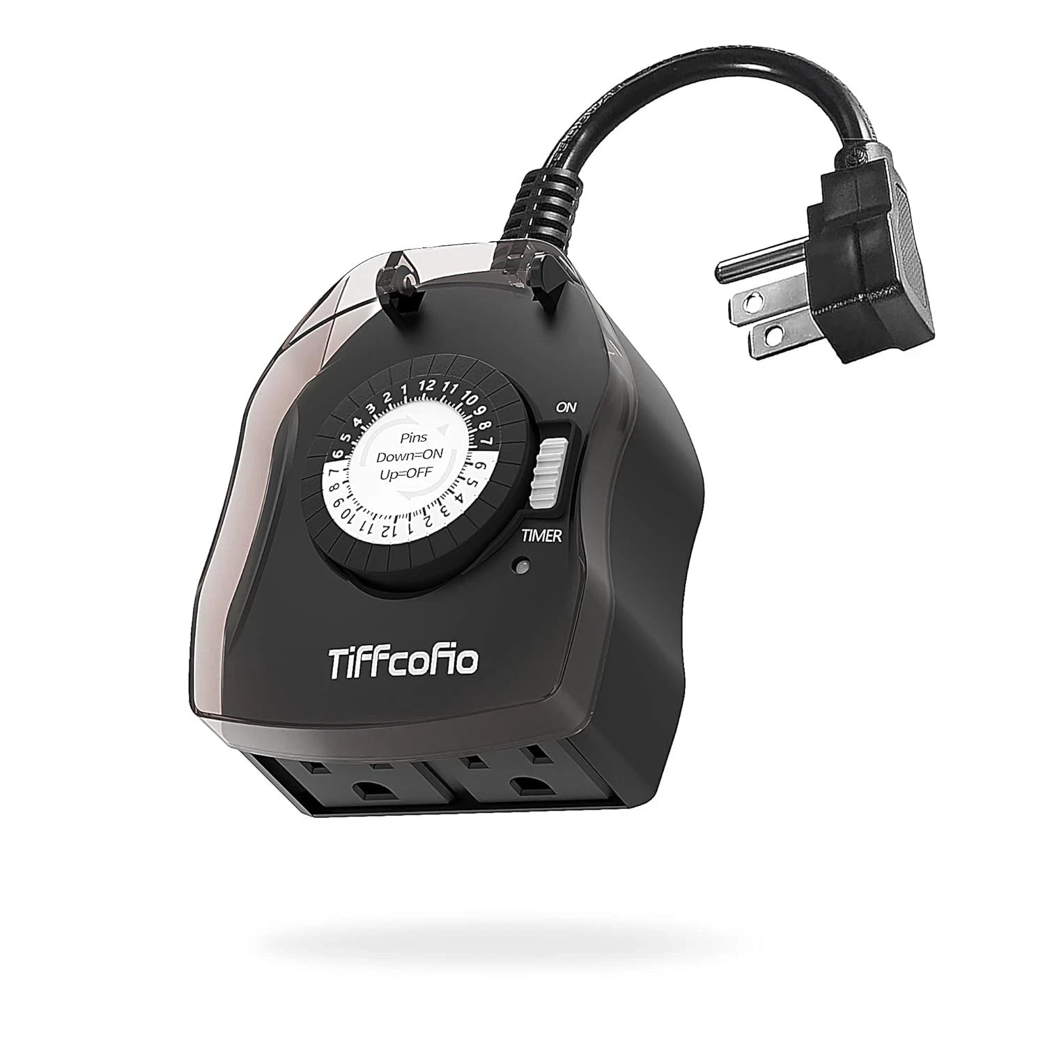 TiFFCOFiO Outdoor Timer Outlet dual outlet plugs, 24 Hour Mechanical, Black, NIB