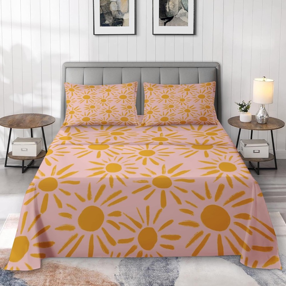 Pamnest Twin Size Bed Sheet Sets, Yellow Boho Sun Soft Microfiber 3 Pcs Beddi...