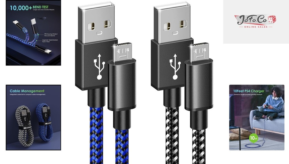 10ft Nylon Braided USB Cables for PS4 and Android - Charge & Play