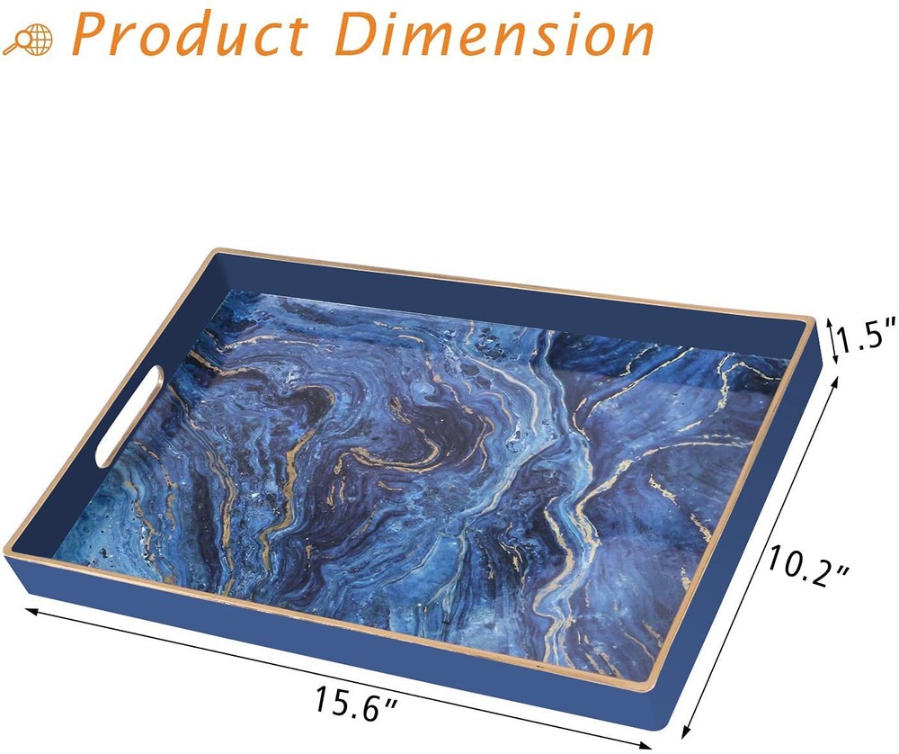 Decorative Tray Marbling Plastic Rectangular Vanity Serving 15.6x10.2 Blue