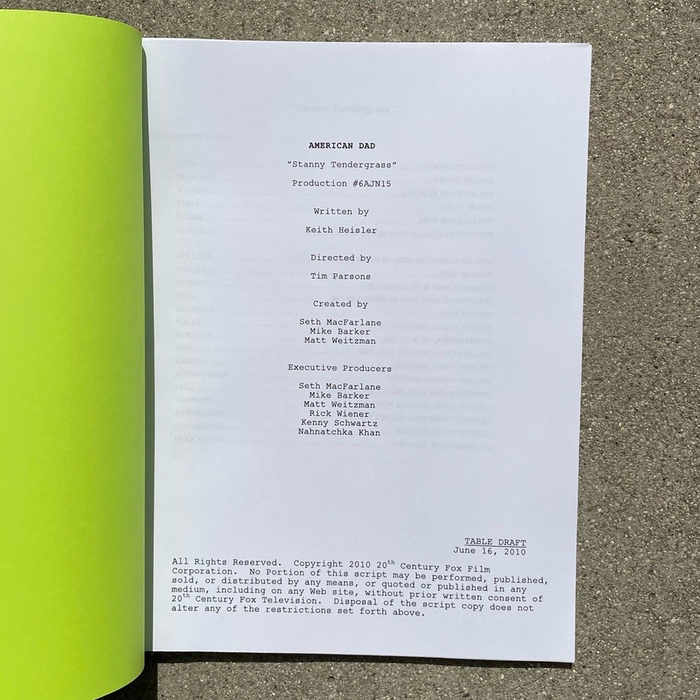 American Dad 2010 Stanny Tendergrass Production Used Original Table Draft Script