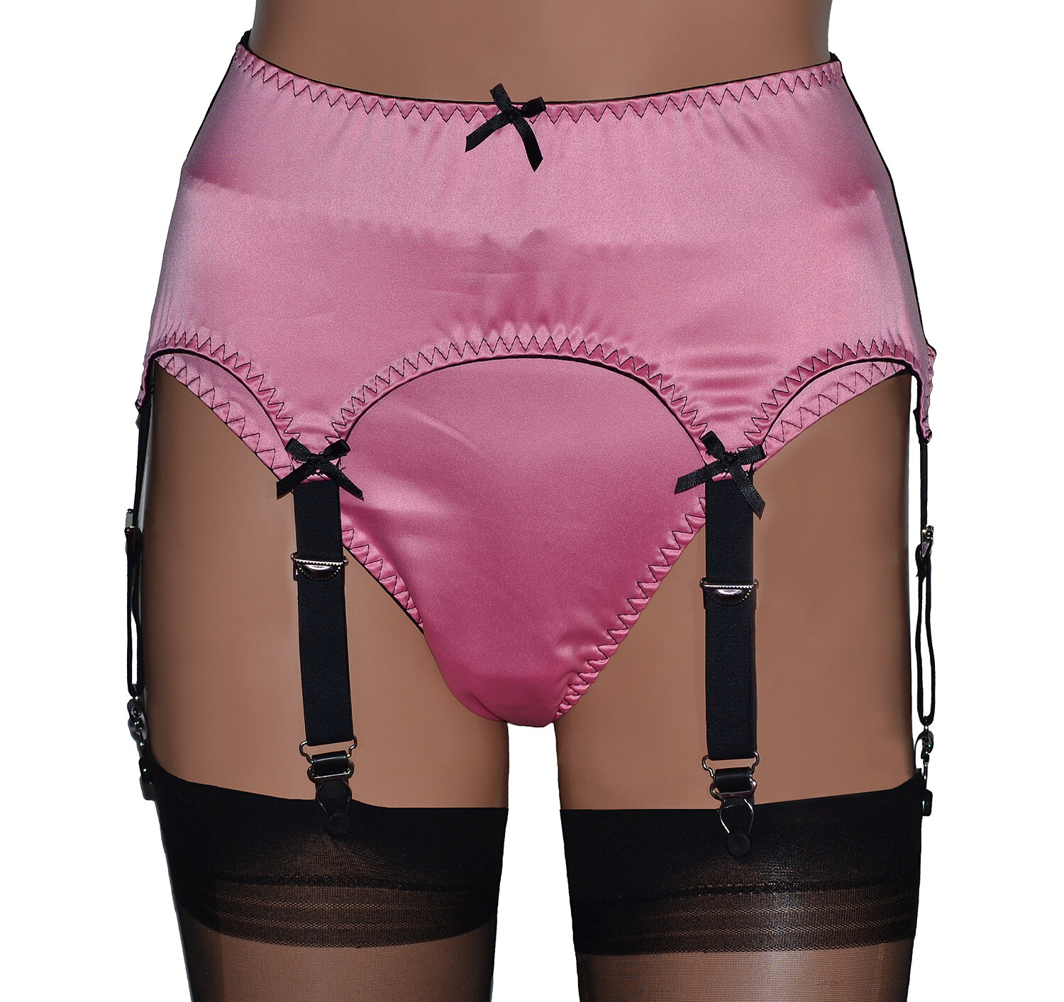 Pink and Black 6 strap suspender belt in satin and power mesh