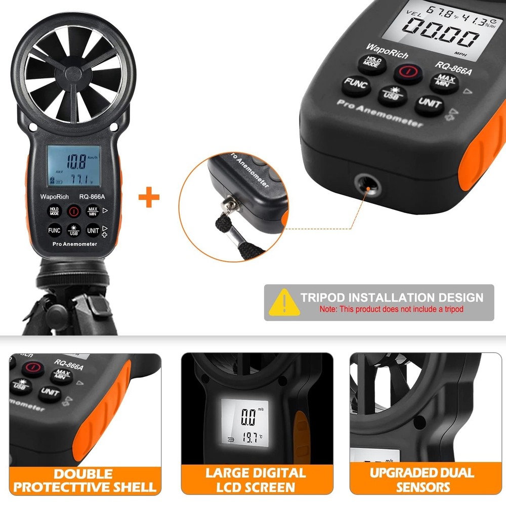 Handheld Anemometer, Digital Wind Speed CFM Meter Gauge - PC Data Air Flow Me...