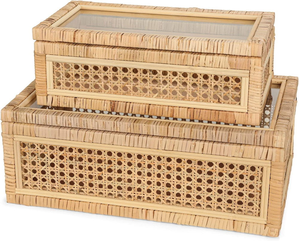 Large Handwoven Boho Rattan Display Boxes with Glass Lids - Set of 2 Rectangular