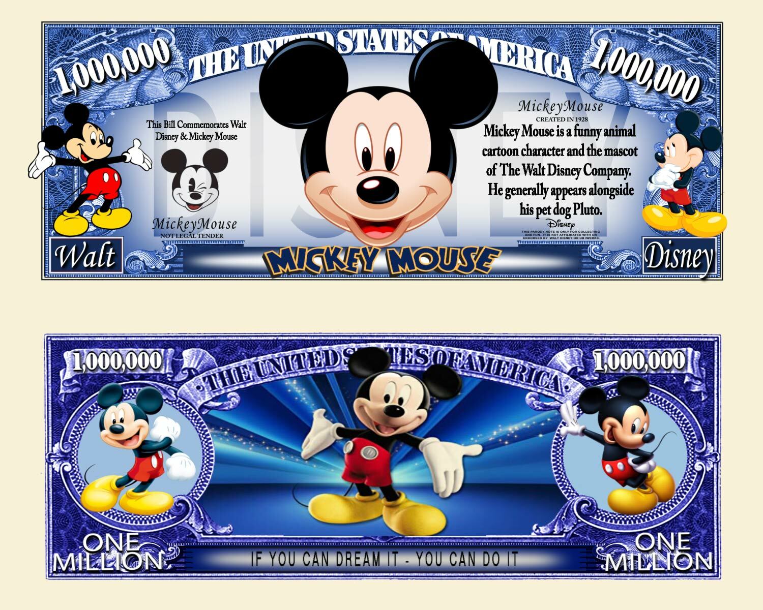 Mickey Mouse Million Dollar Bill Play Funny Money Novelty Note + FREE SLEEVE