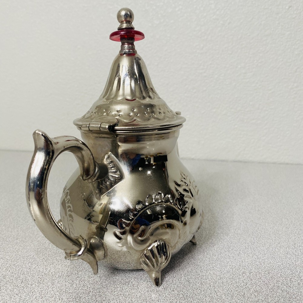 Vtg MAGMA SILVER PLATED TEA POT TURKISH COFFEE POT MADE IN MOROCCO Red Disk