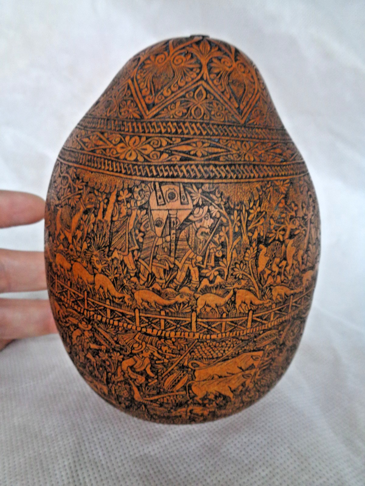 ANTIQUE SOUTH AMERICAN FOLK ART CARVED GOURD BULL FIGHTER, CHURCH, FARMER, LLAMA